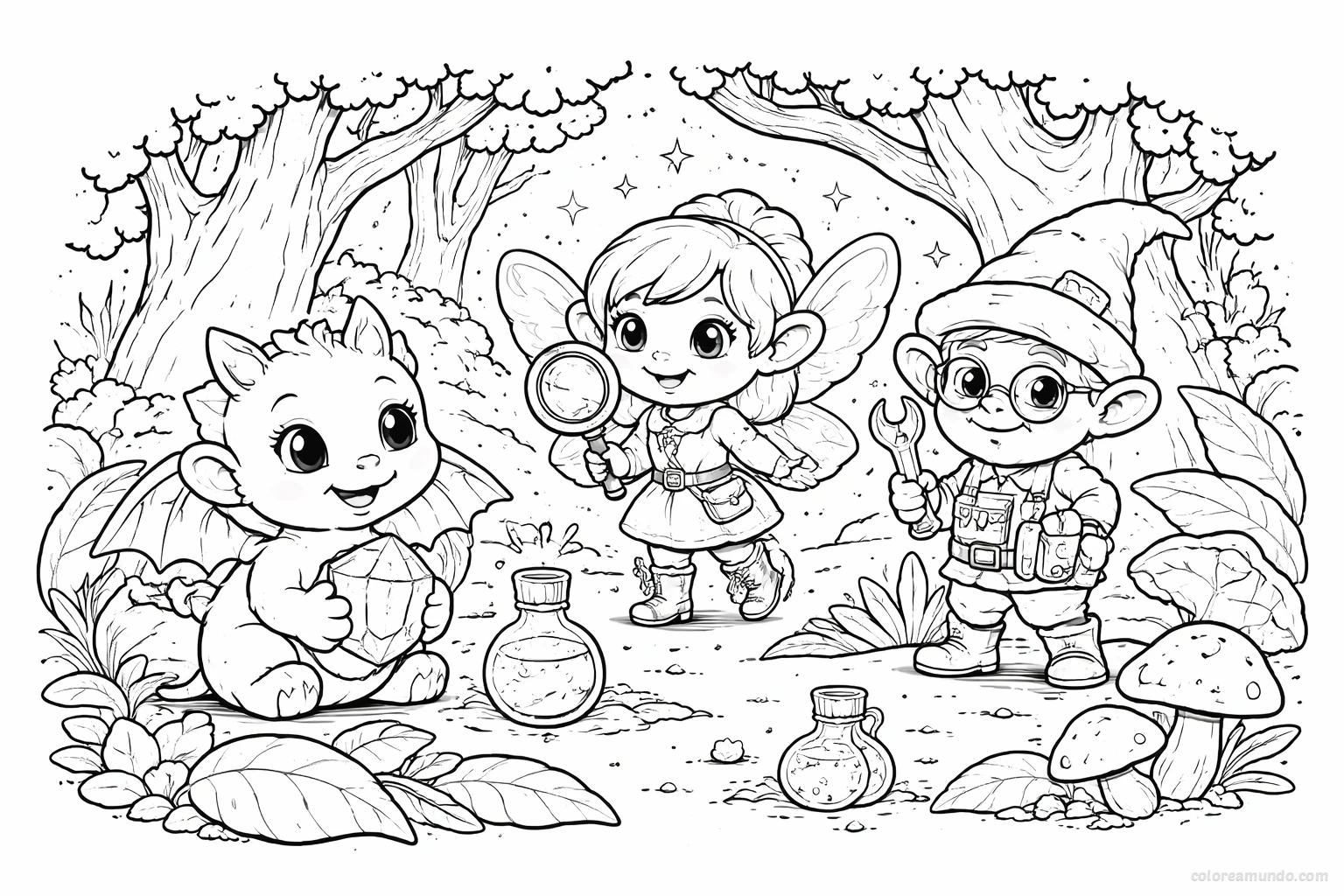 Dibujo para colorear: El equipo fantastico en el bosque magico