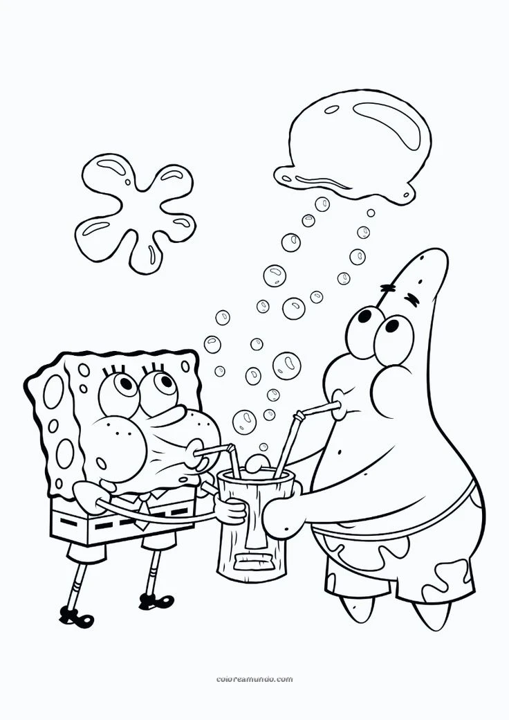 Dibujo para colorear: bob esponja y patricio estrella bebiendo en un vaso
