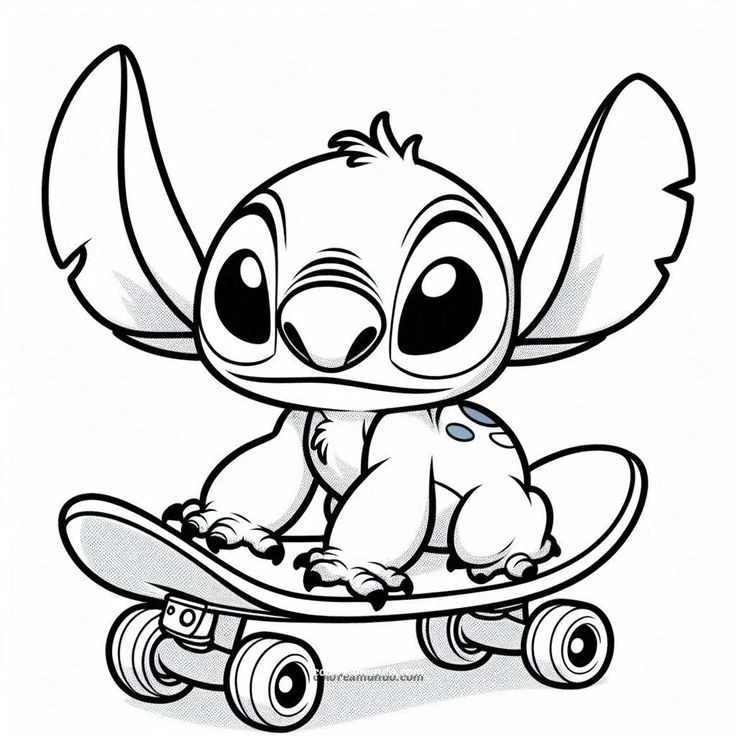 Dibujo para colorear: stich version tierna sobre una patineta