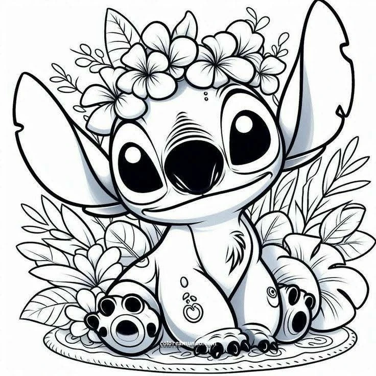 Dibujo para colorear: stitch sentado con unas flores y corona de flores