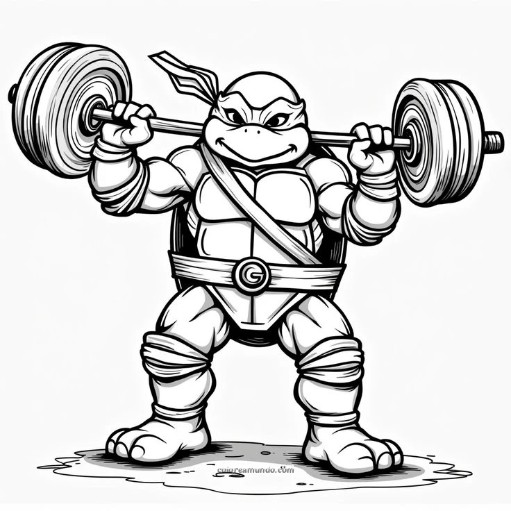 Dibujo para colorear: tortuja ninja haciendo ejercicio con unas pesas