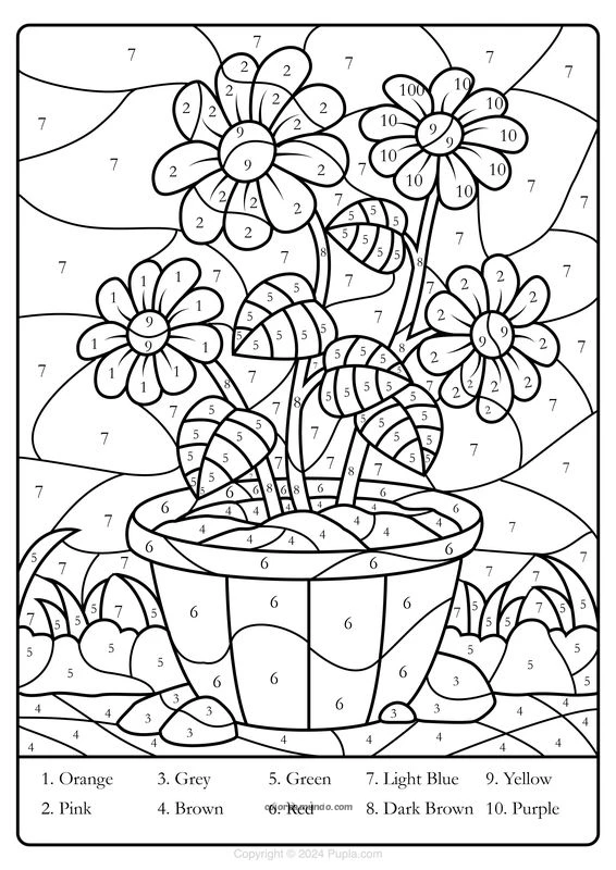Dibujo para colorear: dibujo para colorear de una planta mediante numeros y nombres de colores en ingles