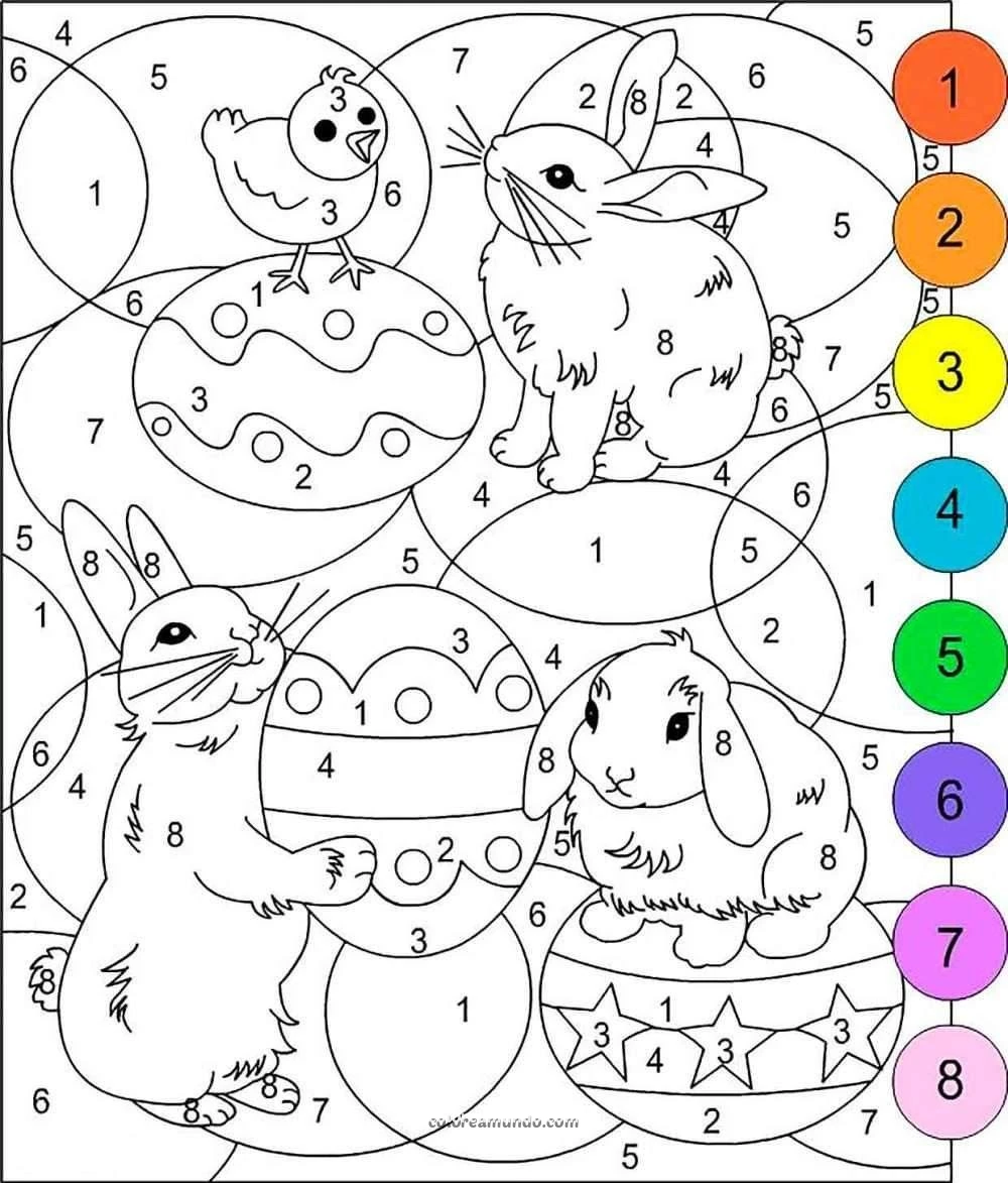 Dibujo para colorear: dibujo para colorear mediante numeros de conejos, pascua