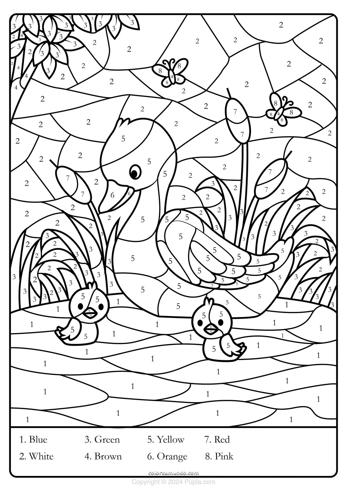 Dibujo para colorear: pato para colorear con numeros y nombres en ingles