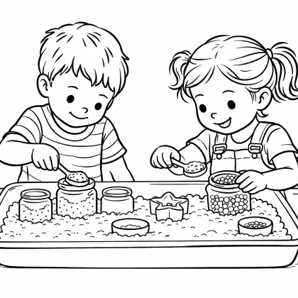 Explorando arroz de colores en bandeja sensorial