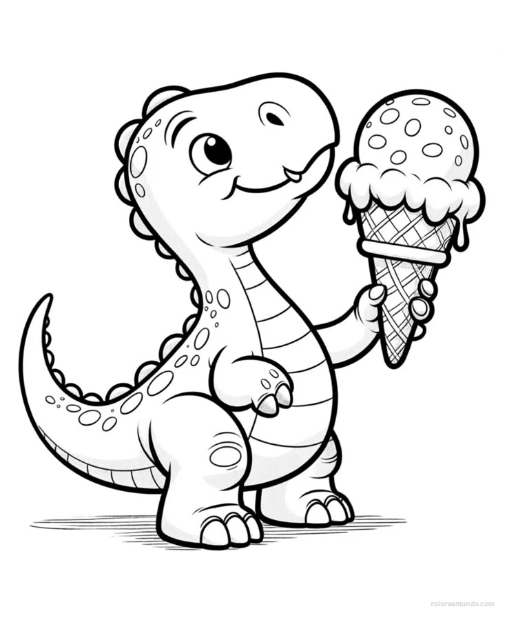 dinosaurio tierno comiendose un cono de helado