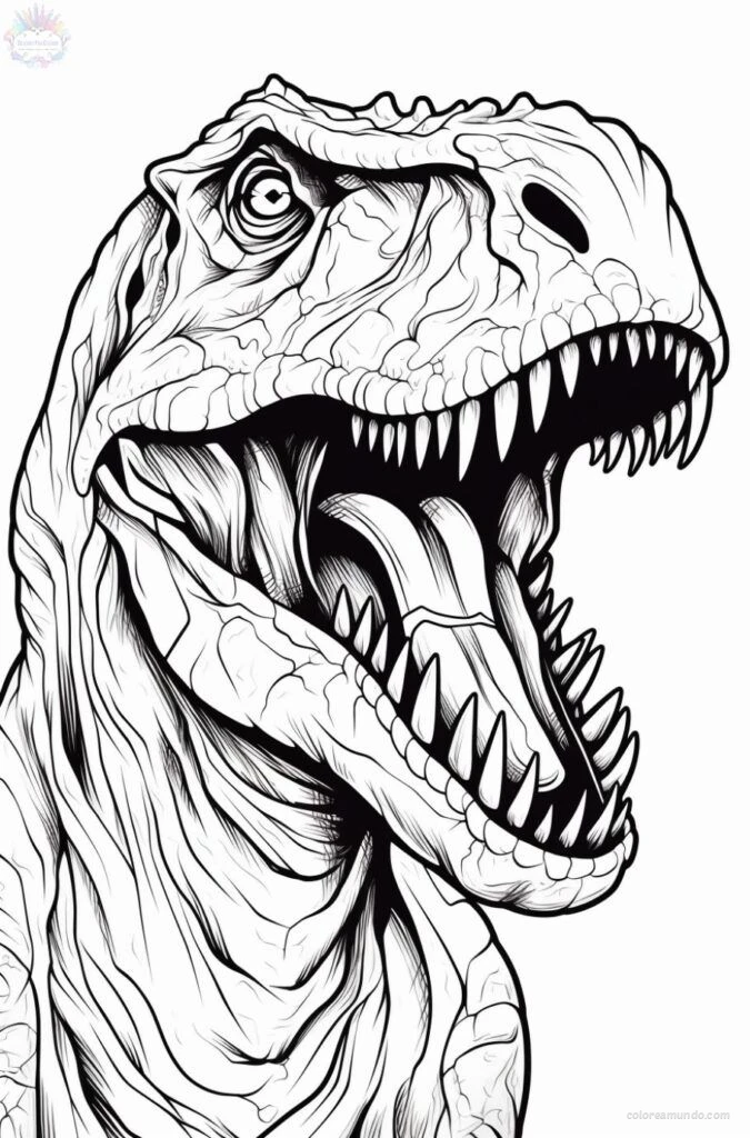 el rostro de un dinosaurio t-rex carnivoro realista, dibujo para colorear