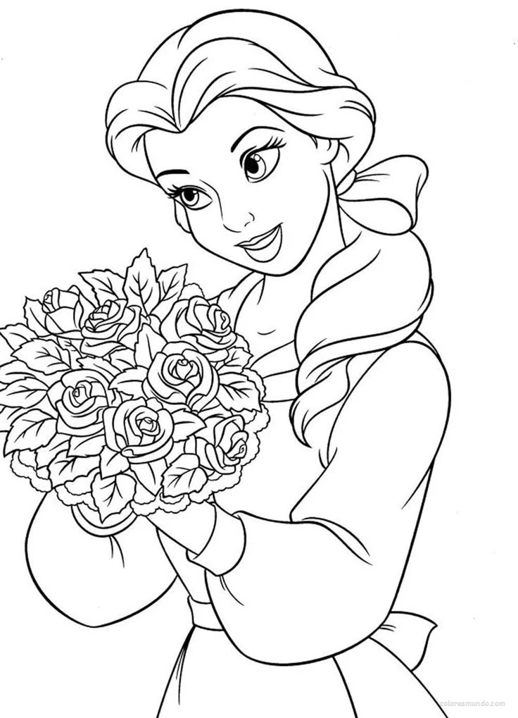 bella sosteniendo un ramo de rosas dibujo para colorear gratis