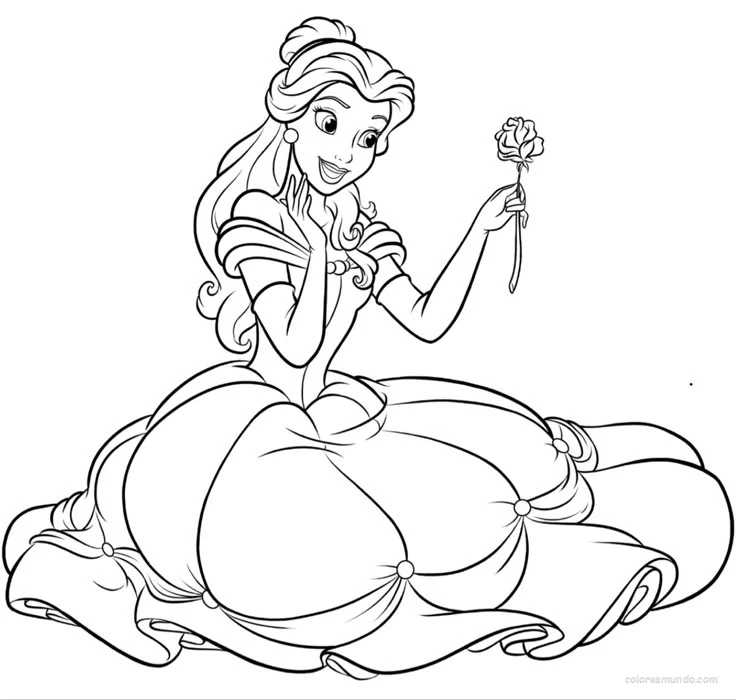 bella sentada con su vestido mirando una rosa