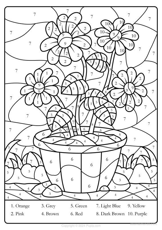 dibujo para colorear de una planta mediante numeros y nombres de colores en ingles